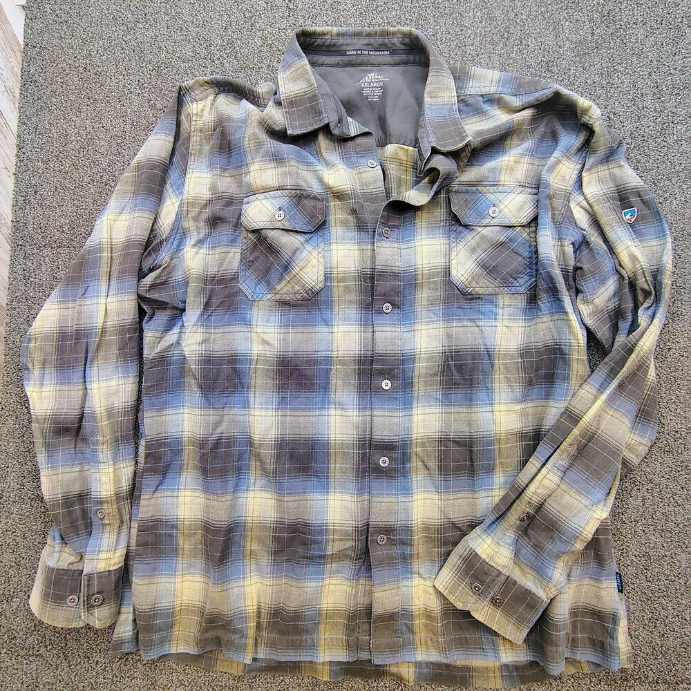 KUHL Lightweight Plaid Flannel Long Sleeve Shirt Mens XXL Earth Tone button up